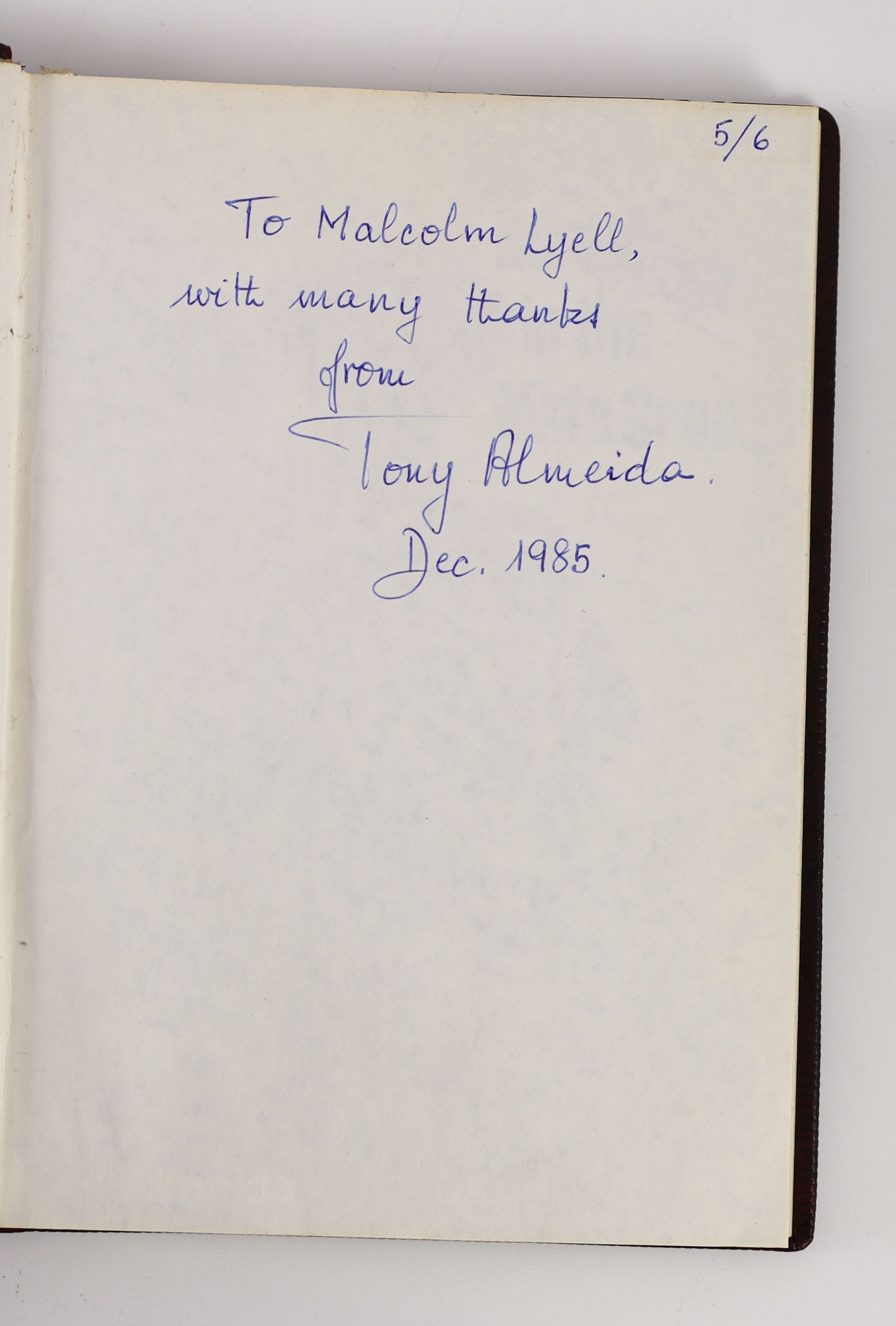 Almeida, Antonio A. Jaguar Hunting in the Mato Grosso. Stanwill Press, 1976. Full dark brown leather binding, gilt, with the original stiff paper wrapper bound in. * With a presentation inscription on the second free end
